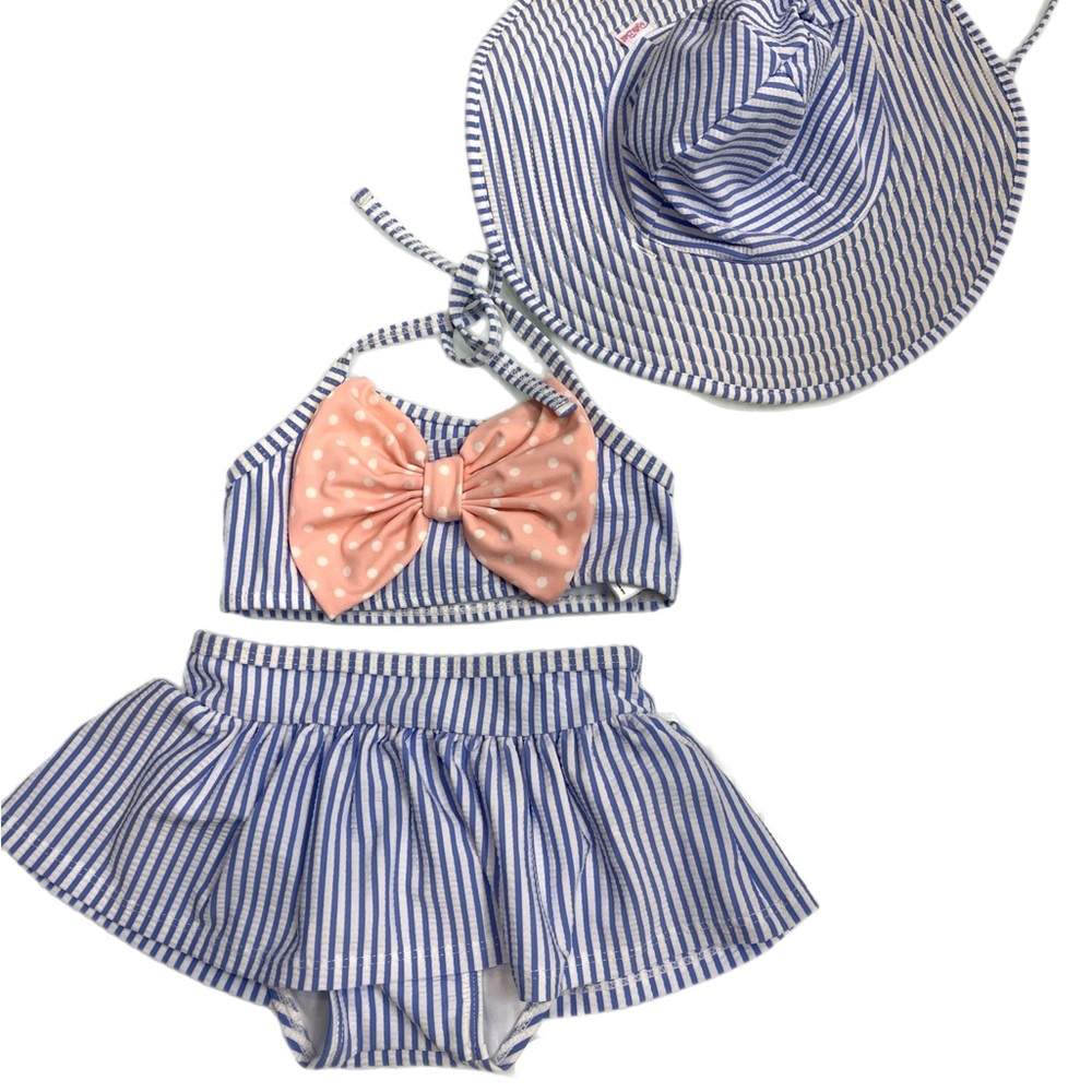 NWOT RuffleButts white and blue stripe with hat size 2T